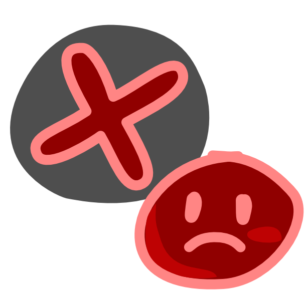 A red sad face with a big red X in a circle above it. The image has light line art.